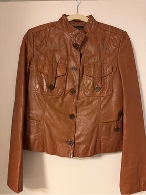 Like New EUC Viaolivia Cognac Brown Genuine Leather Military Moto Jacket